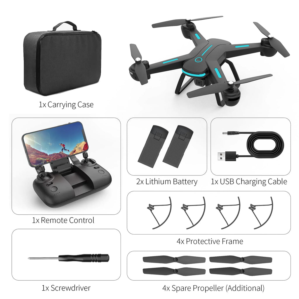 Black 1080P HD Camera Drone with LED Lights and 2 Batteries I268121