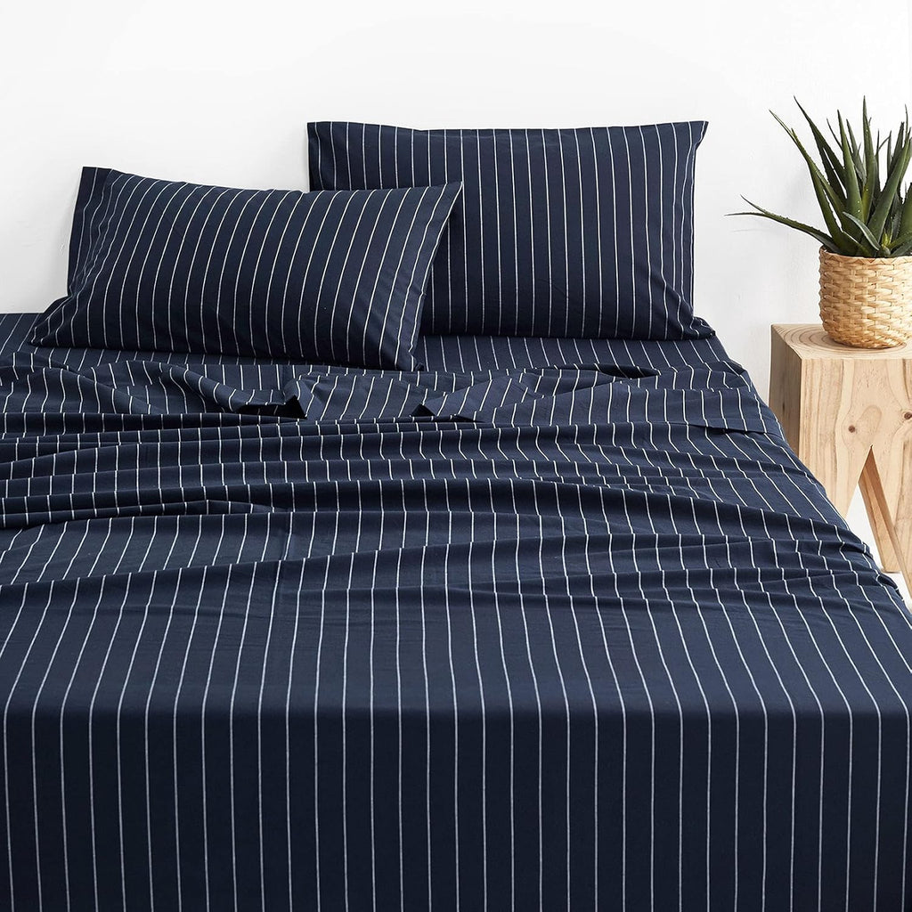 Navy Striped 100% Washed Cotton 4pcs King Size Sheet Set U27676