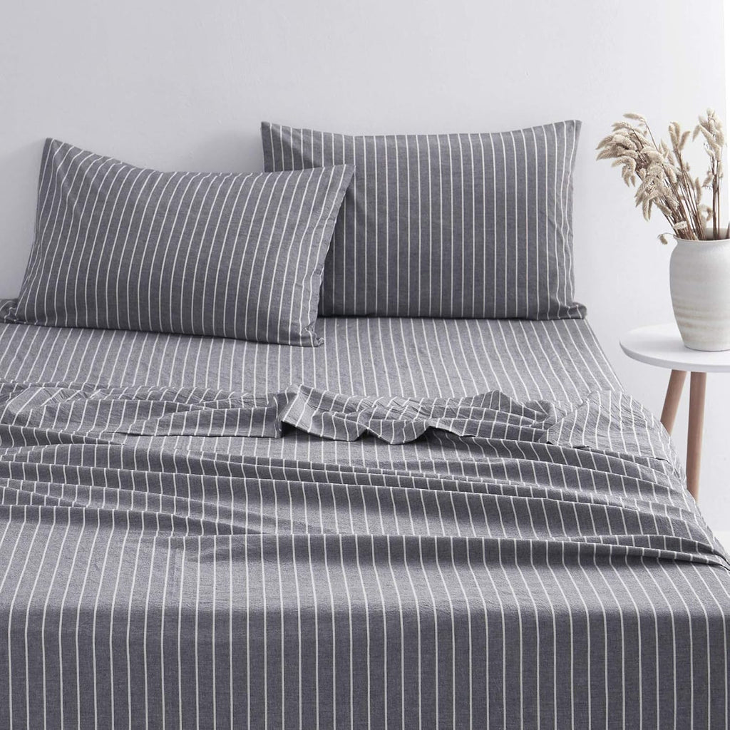 Navy Striped 100% Washed Cotton 4pcs King Size Sheet Set U27676