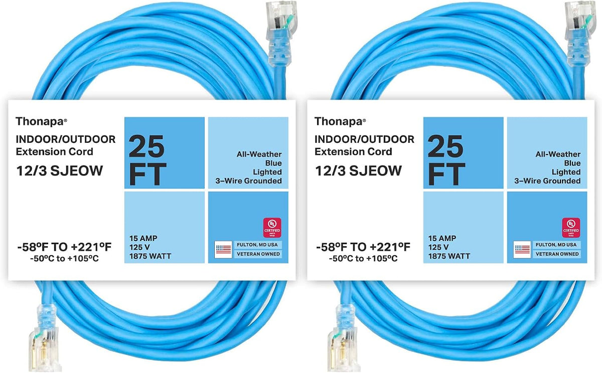 2 Pack 25 Ft All Weather Extension Cord with Lighted Outlet M7206