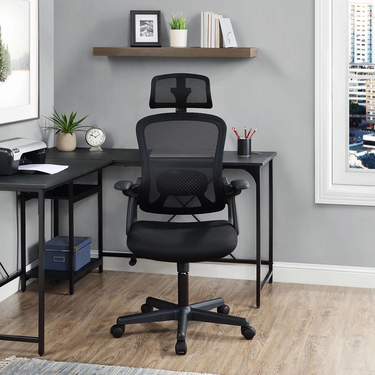 Black Fabric Ergonomic Office Chair with Adjustable Headrest M6578