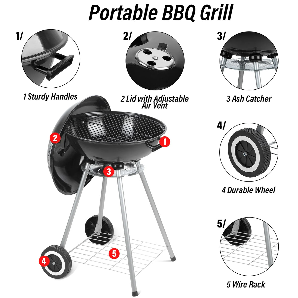 Charcoal Grills, Portable BBQ Kettle Grill, Heavy Duty Coal Grills, Black S161