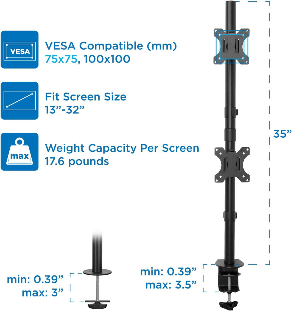 Vertical Dual Monitor Mount, Stacked Desk Stand, Fits 19-32 Inches, VESA 75 100 V731631