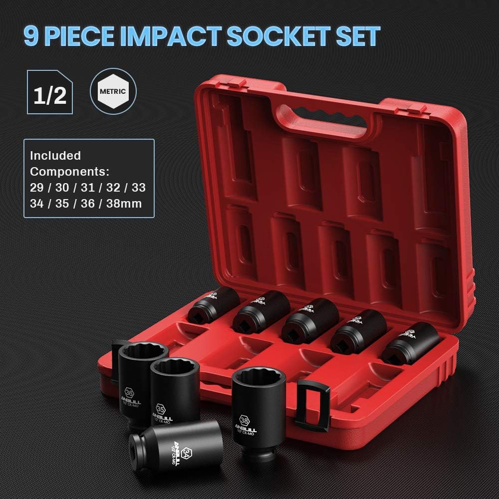 1/2 Inch 9PCS Deep Impact Socket Set 29mm-38mm with Storage Case I474