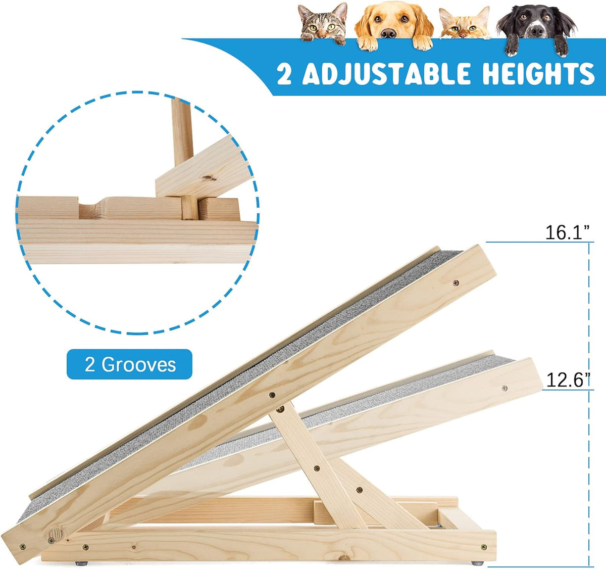 Adjustable Wooden Folding Dog Ramp with Non-Slip Carpet T9628