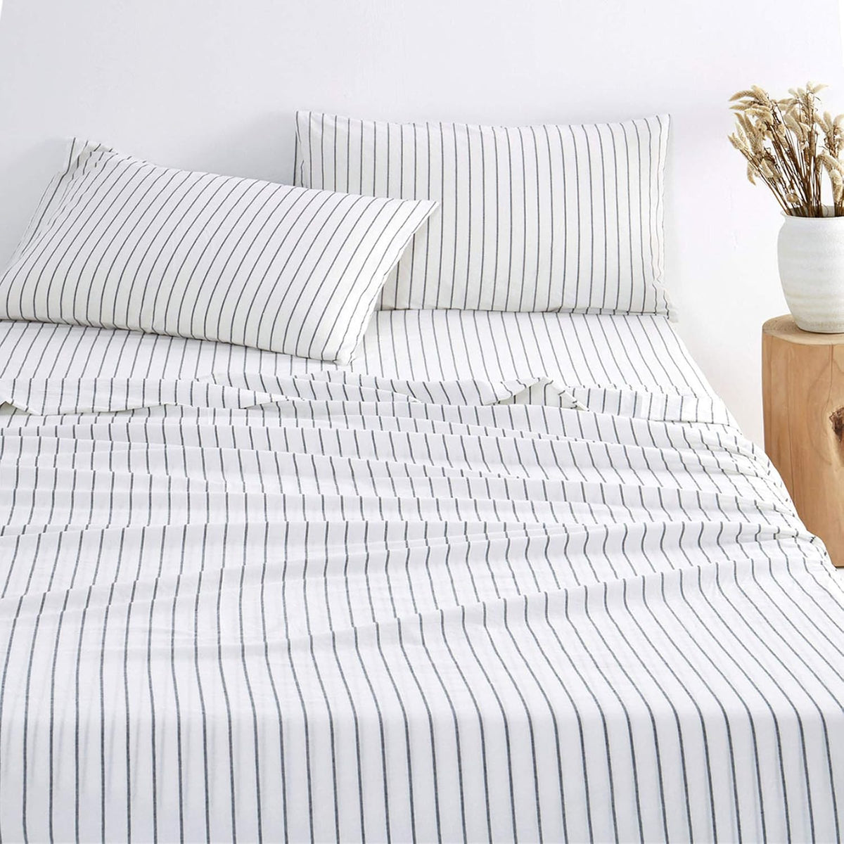 Navy Striped 100% Washed Cotton 4pcs King Size Sheet Set U27676