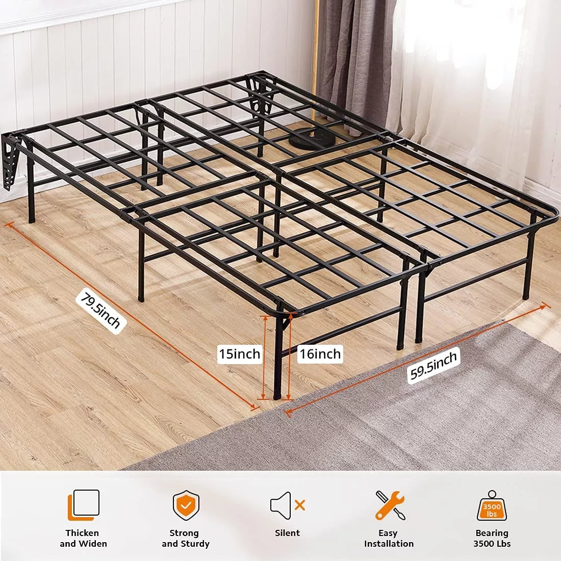 16in Heavy Duty Steel Slat Full Platform Bed Frame Black P828