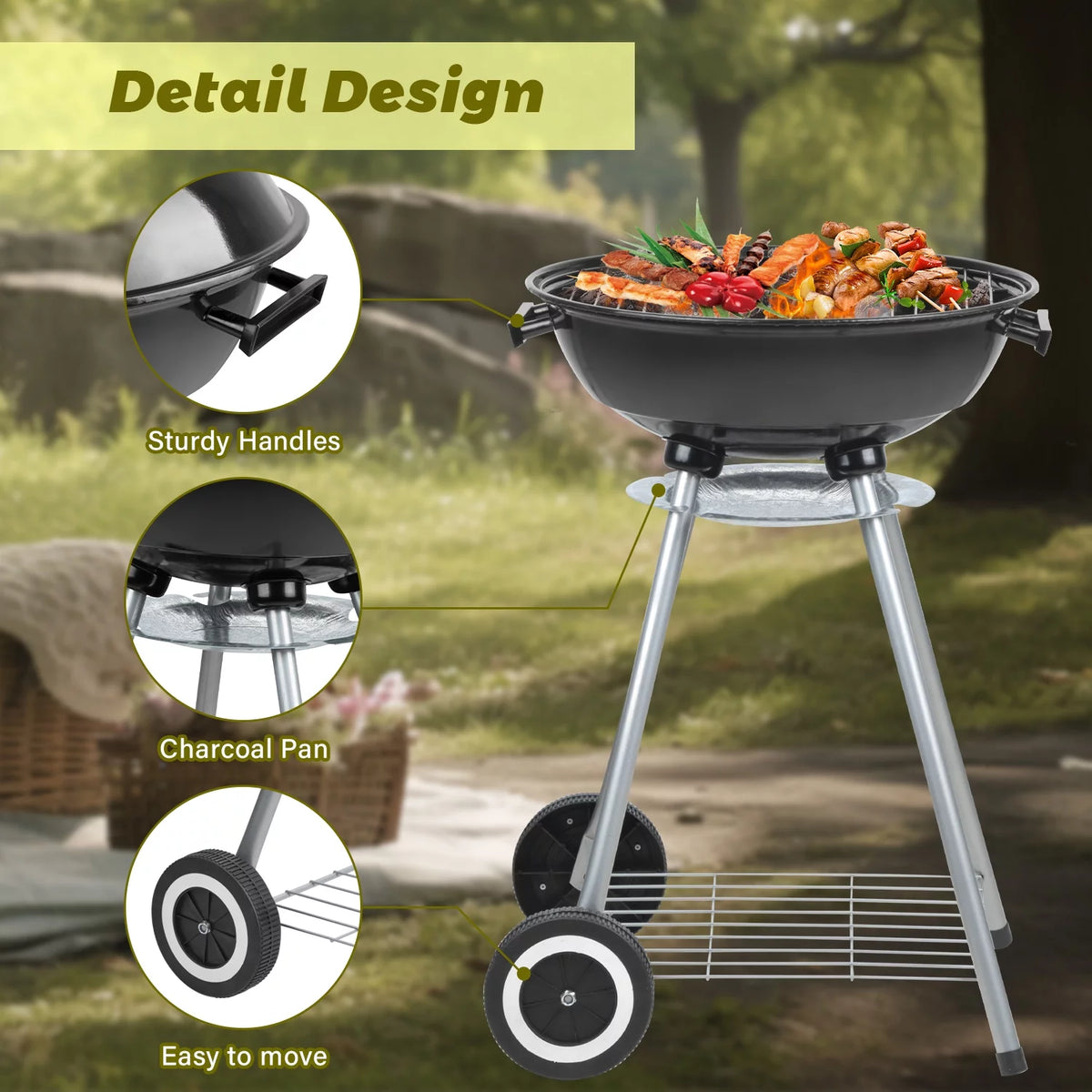 Charcoal Grills, Portable BBQ Kettle Grill, Heavy Duty Coal Grills, Black S161