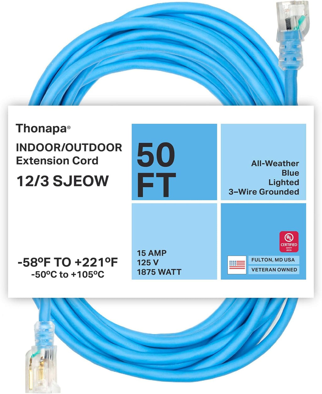 2 Pack 25 Ft All Weather Extension Cord with Lighted Outlet M7206