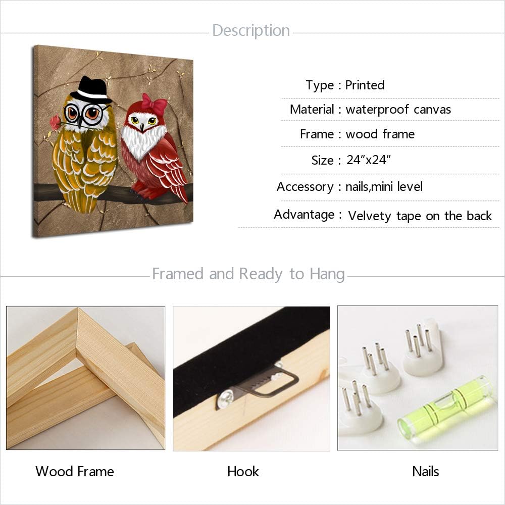 Owl Canvas Wall Art Framed 24x24 Inches T8238