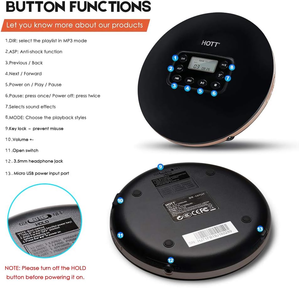 Portable Bluetooth CD Player Rechargeable Black G83628