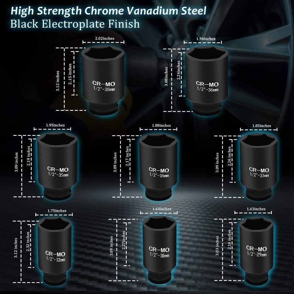 1/2 Inch 9PCS Deep Impact Socket Set 29mm-38mm with Storage Case I474