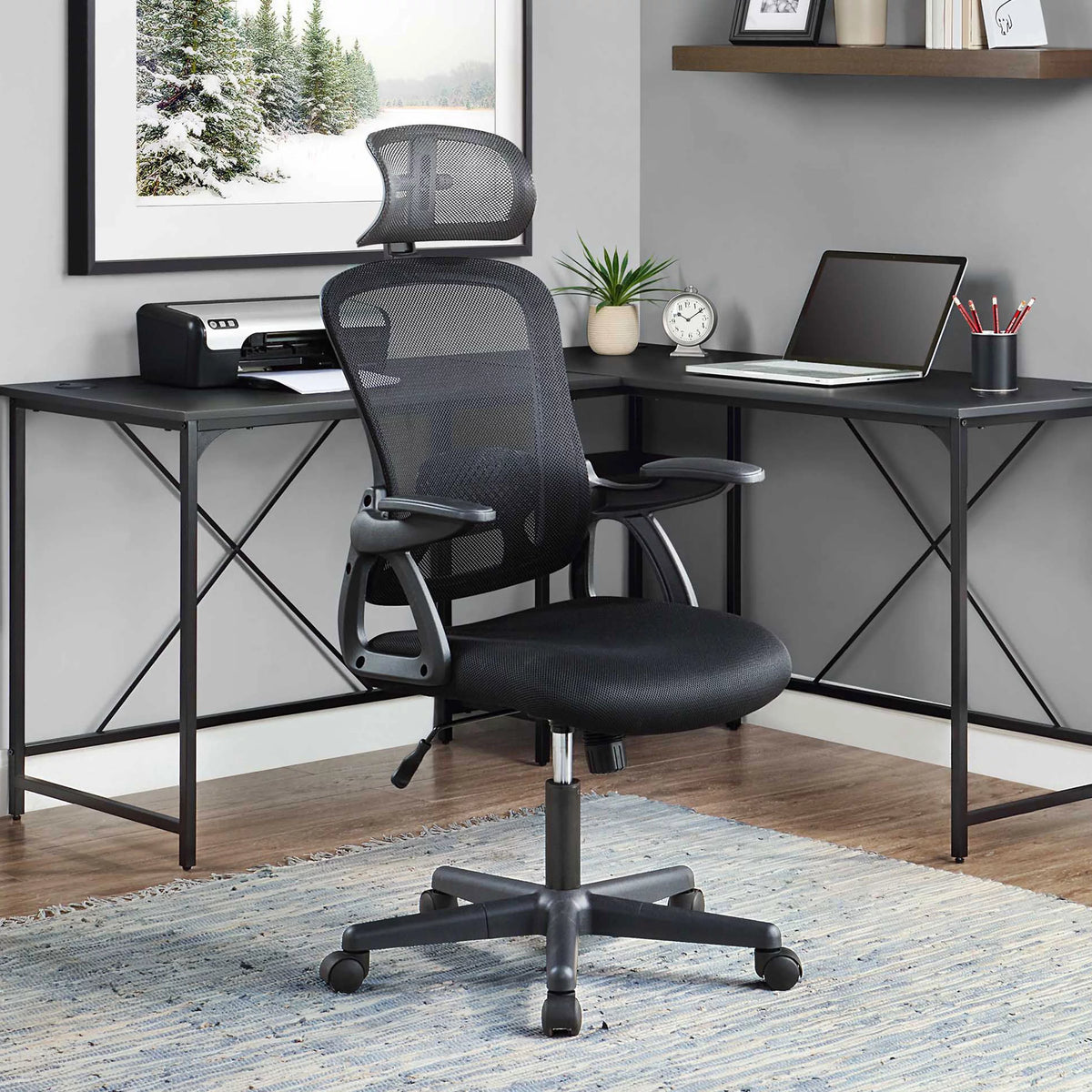 Black Fabric Ergonomic Office Chair with Adjustable Headrest M6578