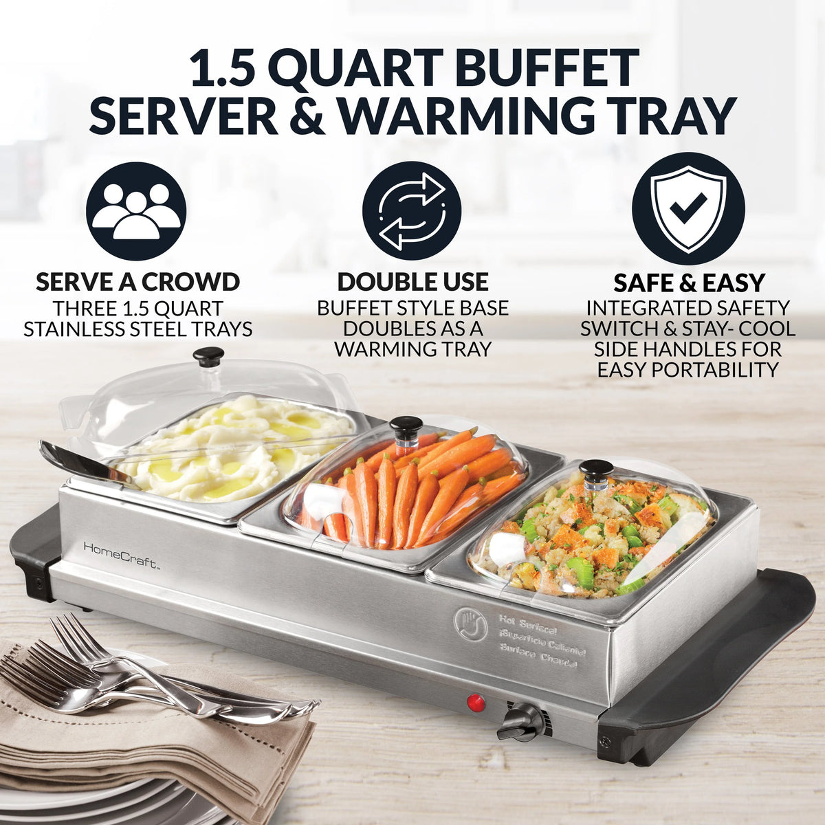 3-Station 1.5-Quart Stainless Steel Buffet Server & Warming Tray H921134