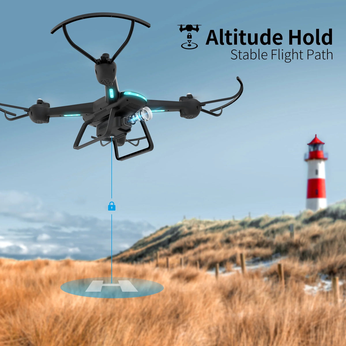 Black 1080P HD Camera Drone with LED Lights and 2 Batteries I268121