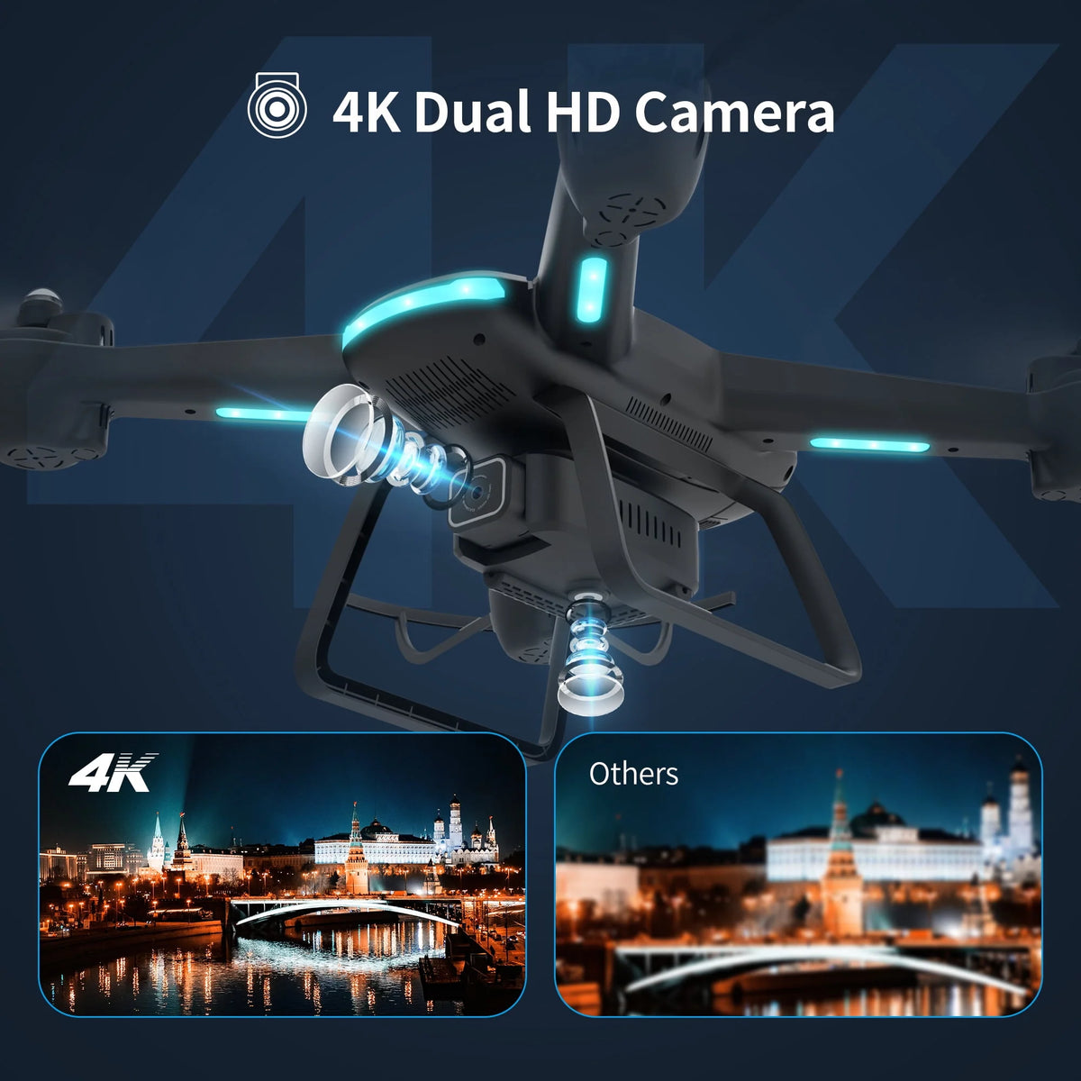 Black 1080P HD Camera Drone with LED Lights and 2 Batteries I268121